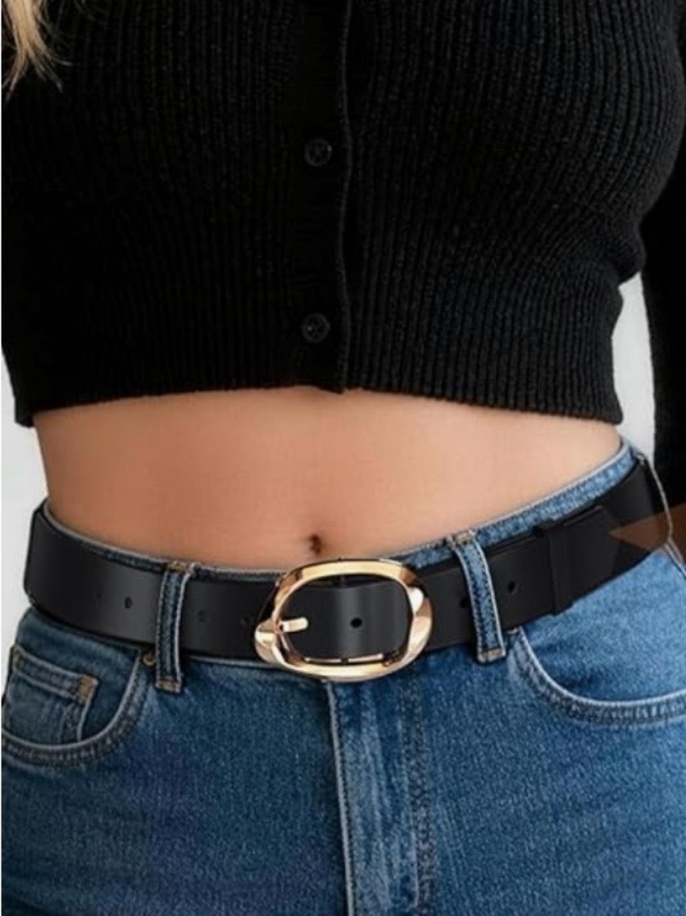 Black Faux Leather Belt with Gold Hammered Oval Buckle M